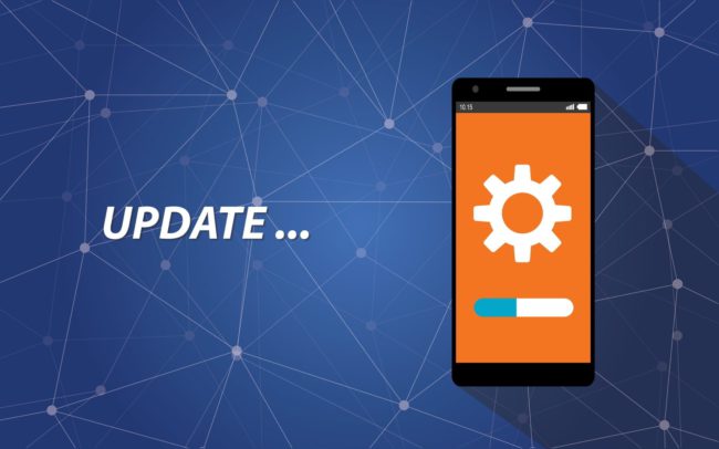 smartphone update process with gear and loading bar with flat long shadow and galaxy dot dark blue background
